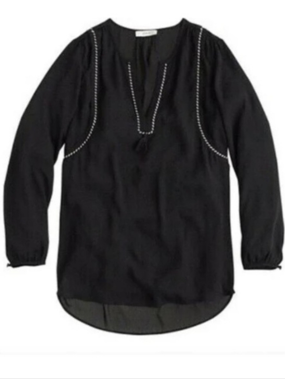 J. Crew V Neck Tassel Trim Blouse Black Size 10 Tall 3/4 Sleeve Preppy